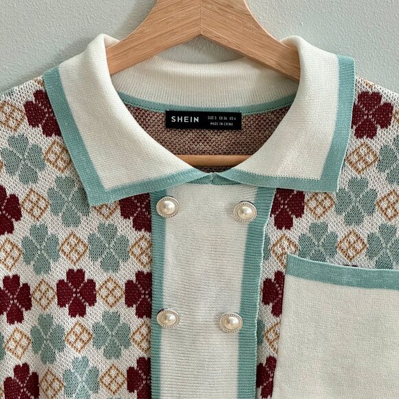 SHEIN Women's Geo Pattern Patch Pocket Button Front Knit Cropped Polo Top S NWOT - Picture 3 of 7